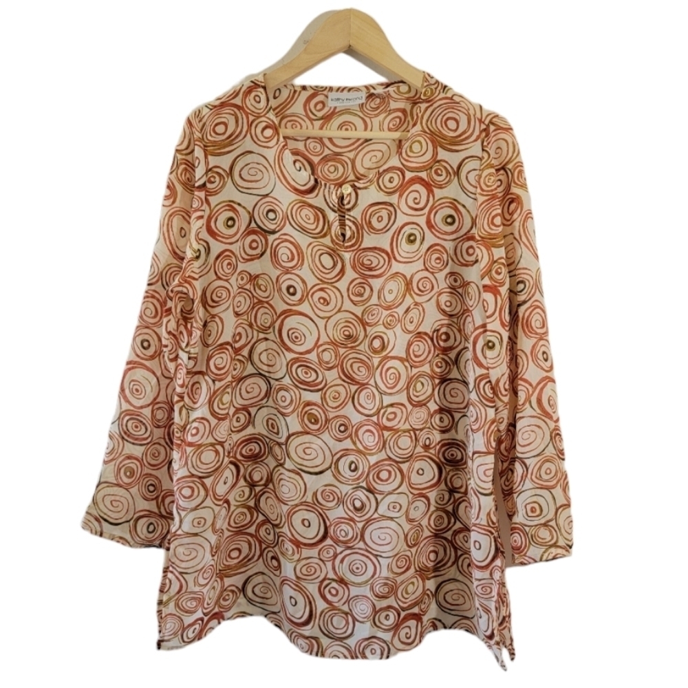 Kathy Ireland Sportwear Women's Spiral Print Blouse Sz L Long Sleeve Lagenlook